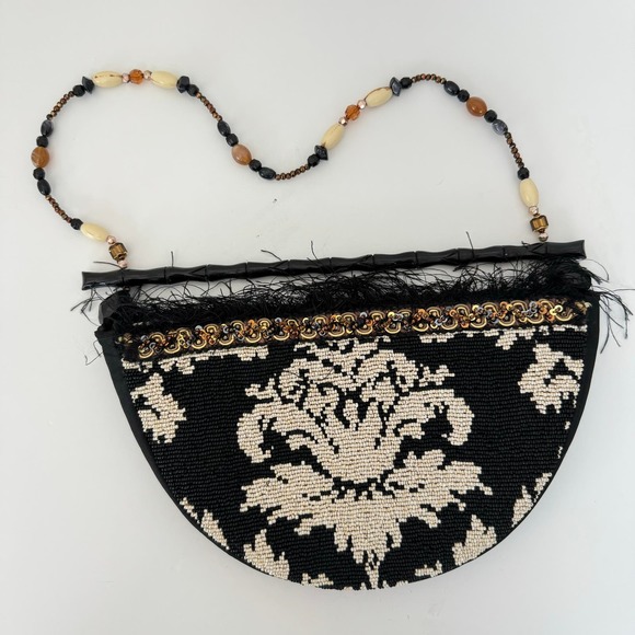 Mary Frances Fully Beaded Semi-Circle Clutch Bag Feather Trim Wood Handle - Picture 3 of 12